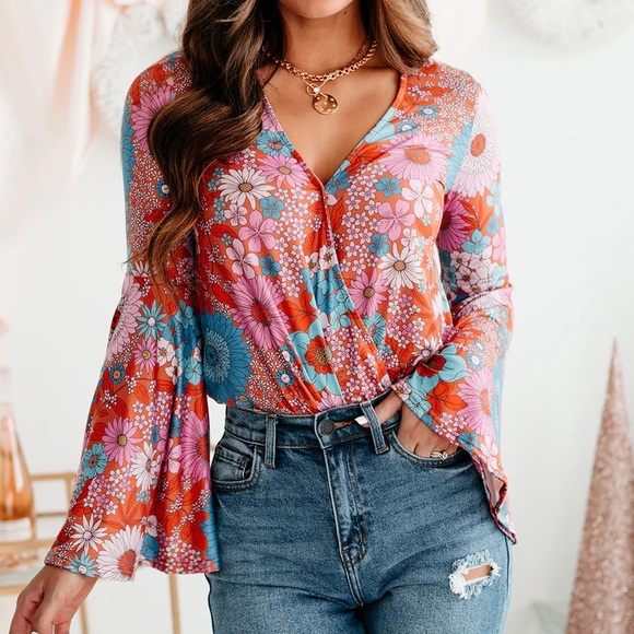 Peach Love California Tops - Bell Sleeve Floral Bodysuit